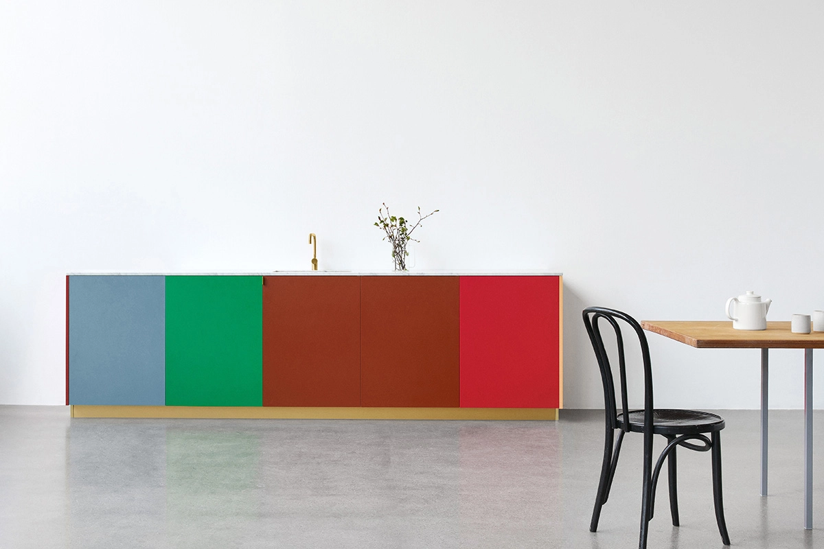 Muller Van Severen Match kitchen by Reform featuring durable HDPE polyethylene fronts with marble countertops