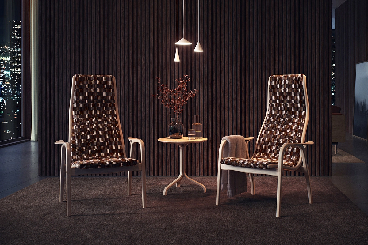 Lamino Edition 2022 armchair by Yngve Ekström for Swedese with Pierre Frey fabric in urban-inspired design