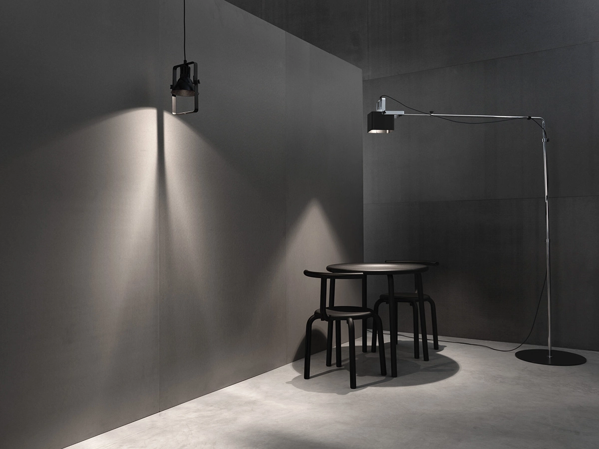 YK100 luminaire system by Yrjö Kukkapuro for Blond featuring aluminum shades spotlights pendants floor lamps