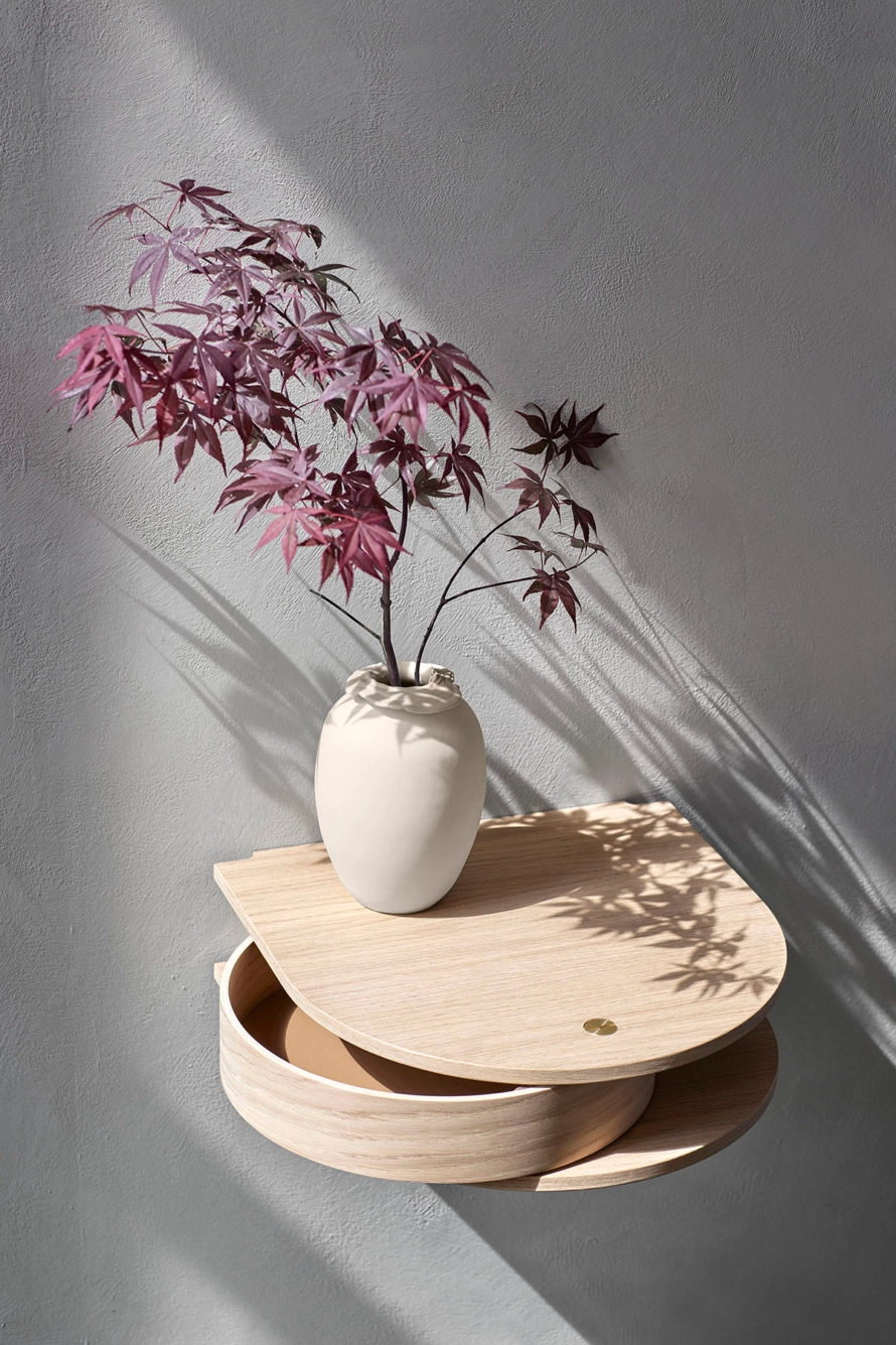 Sami Kallio Valet wall console overview Northern showing floating curved platform oak construction circular drawer storage
