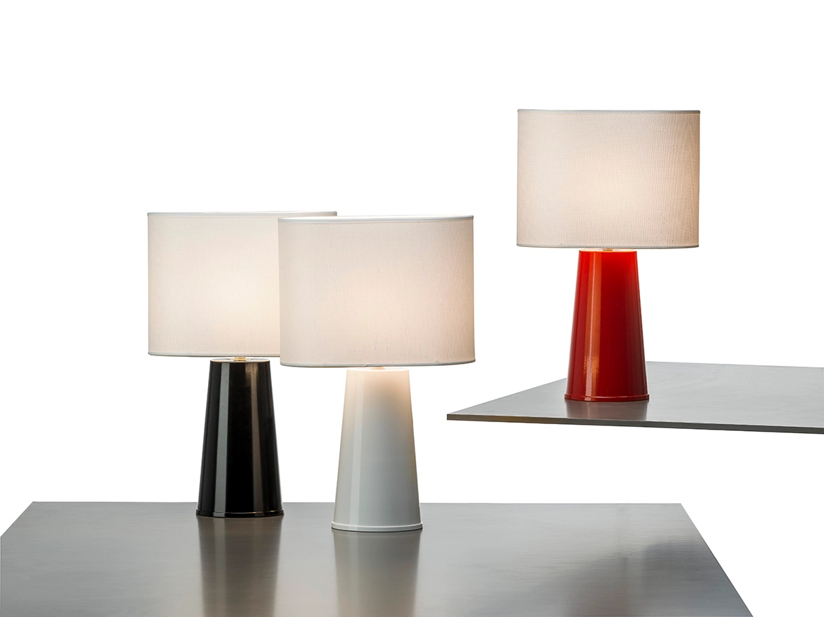 Complete Ella lamp collection featuring black white red lacquered base options light fabric shade various size configurations