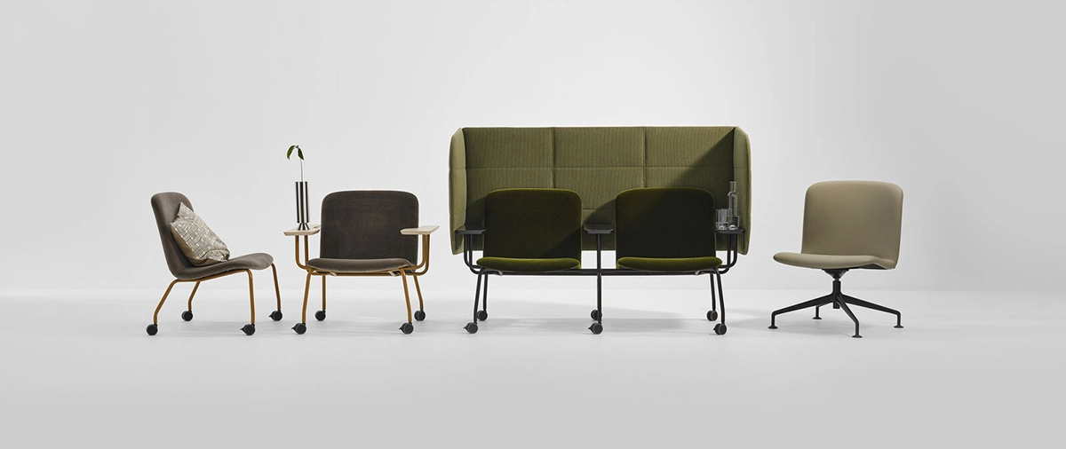 Hybe hybrid seating by Form Us With Love featuring mobile design with castors and partition screens for EFG