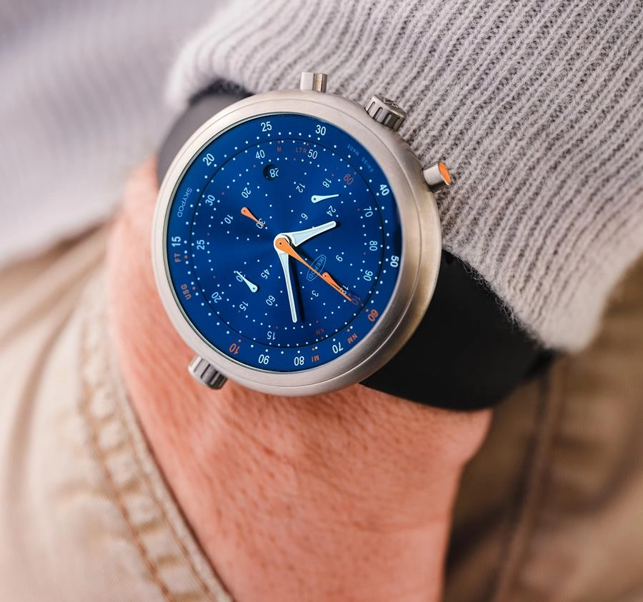 Skypod chronograph by Claesson Koivisto Rune featuring titanium case with aeronautical slide rule functionality