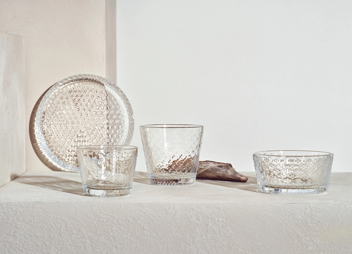 Tundra glassware collection by Oiva Toikka featuring textured surface inspired by Arctic wilderness