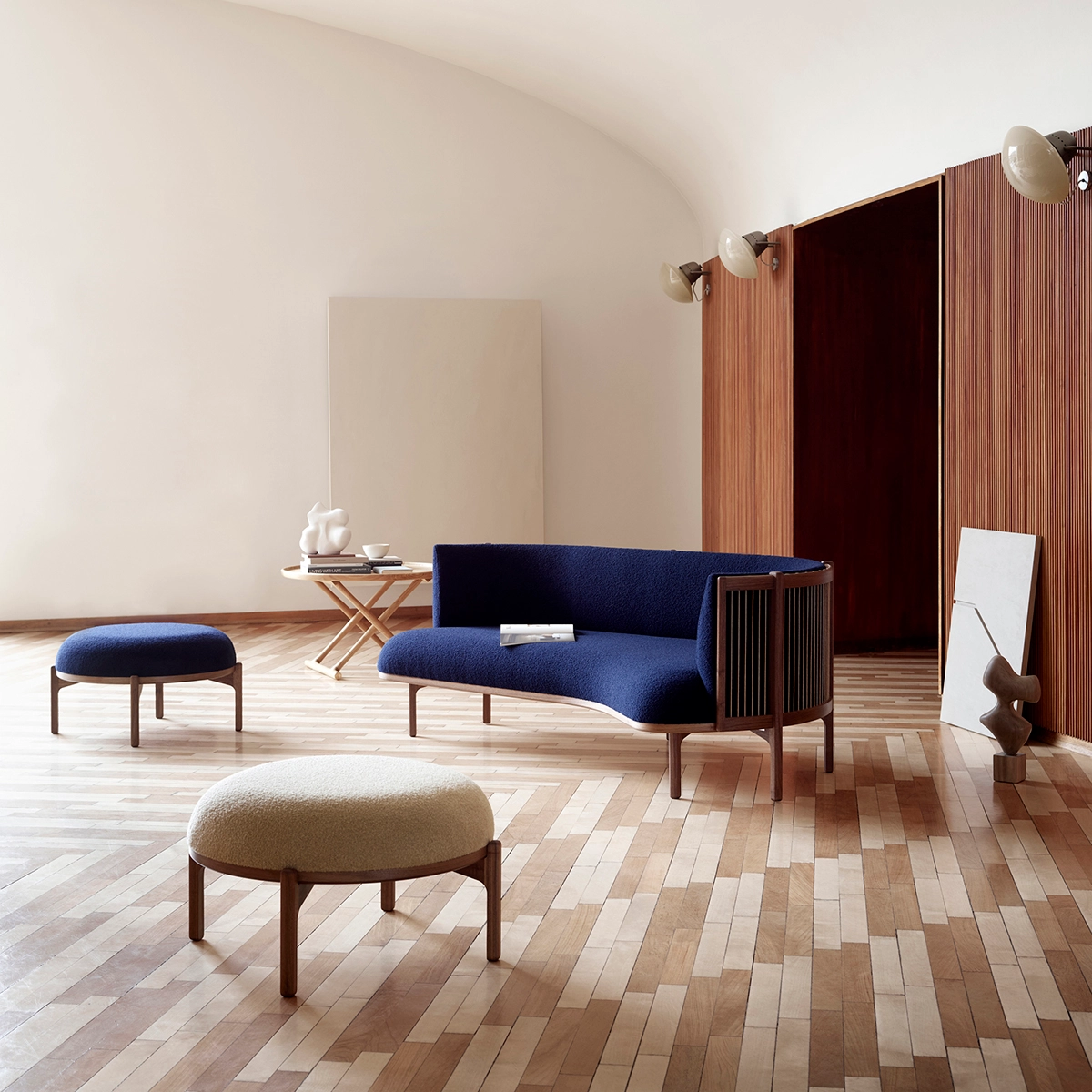 Sideways footstool by Rikke Frost featuring organic oak frame with soft textile upholstery for Carl Hansen