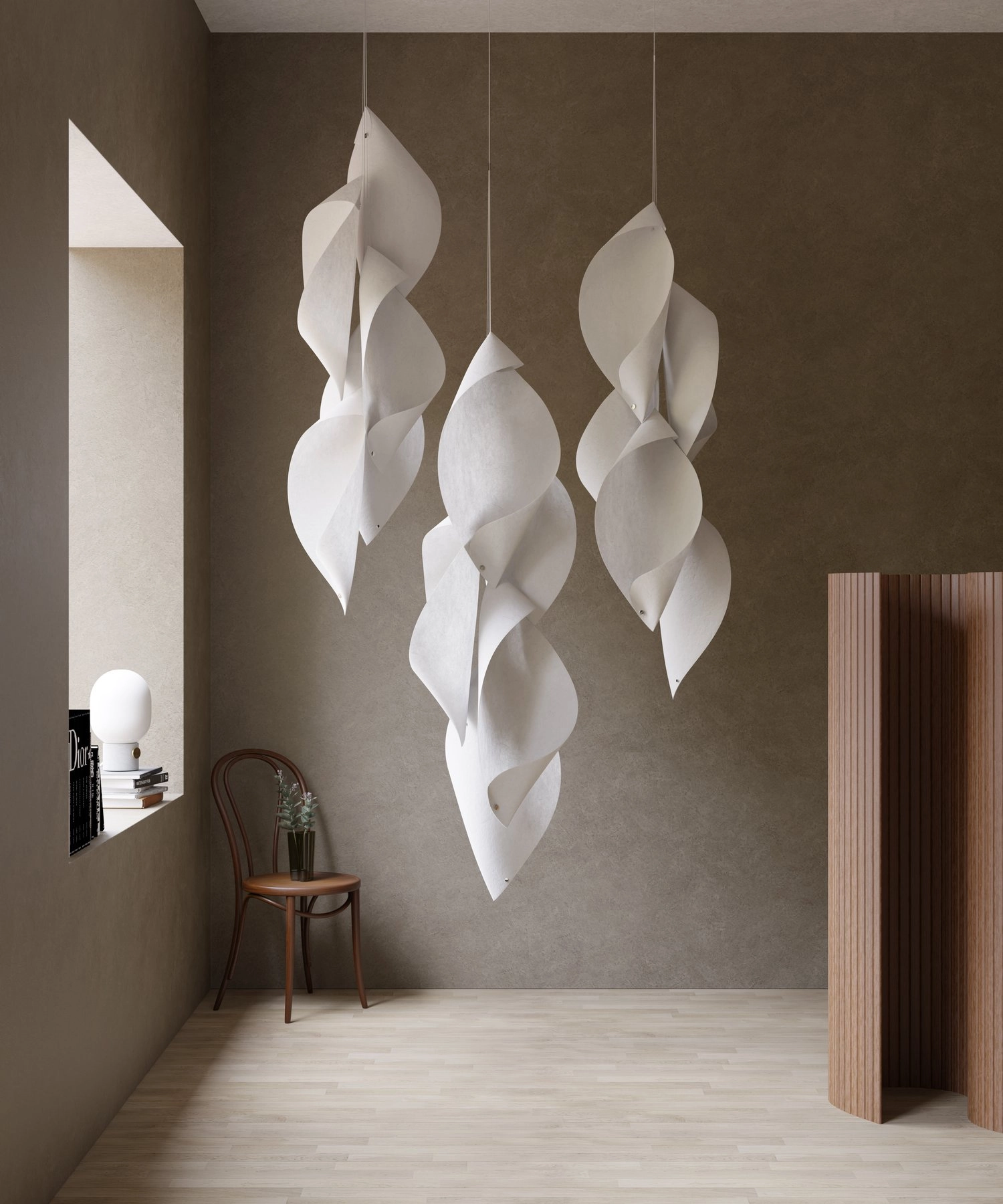 Shell collection overview displaying various sizes and configurations of hemp fiber acoustic pendants