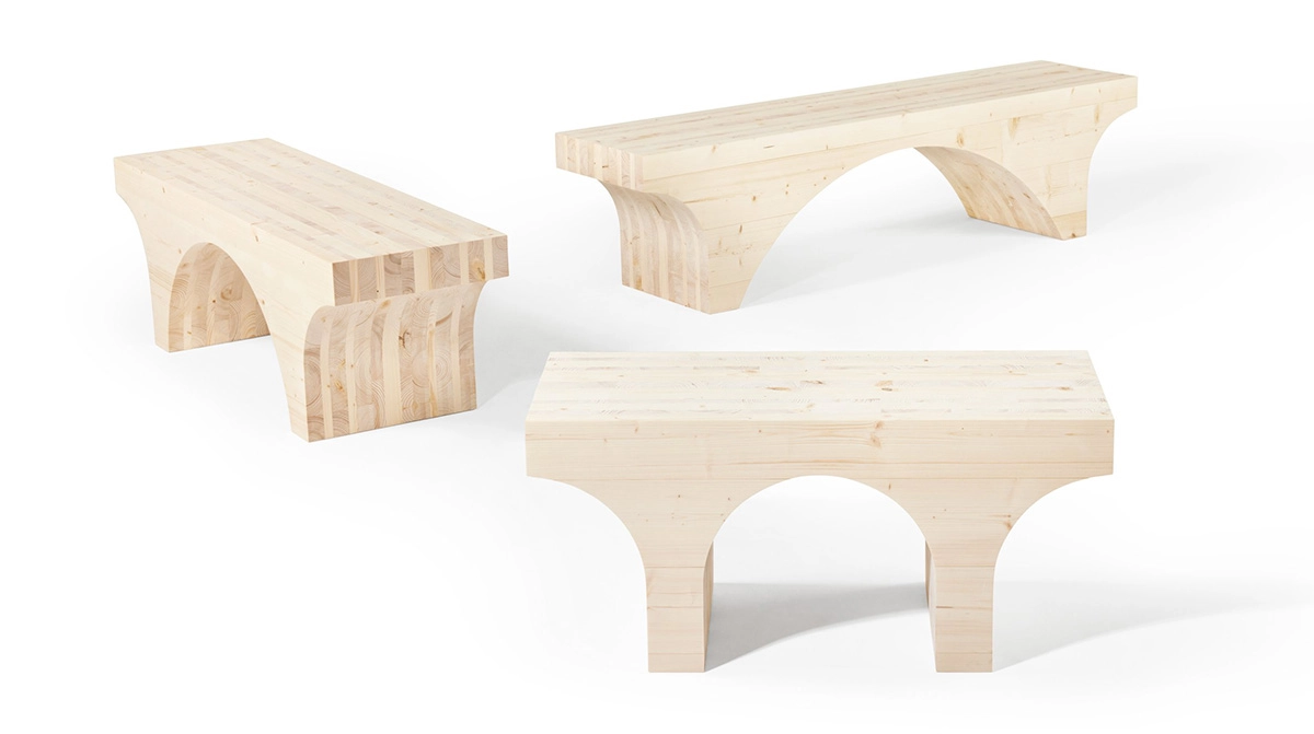 Anki Gneib cross-laminated timber bench for Nola showcasing sustainable indoor seating design