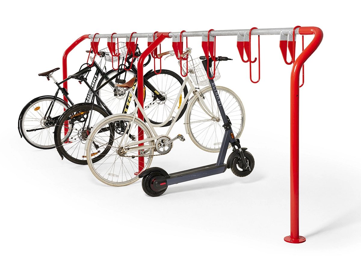 Styrupp vertical bike rack system featuring suspended storage for bicycles and scooters designed and manufactured by Nola