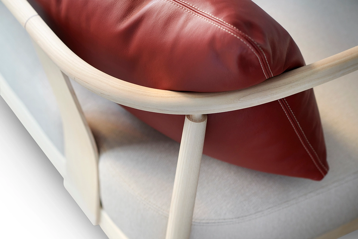 Close-up of bentwood joinery detail on Pierre Sindre's Humble sofa showing Gemla's precision craftsmanship