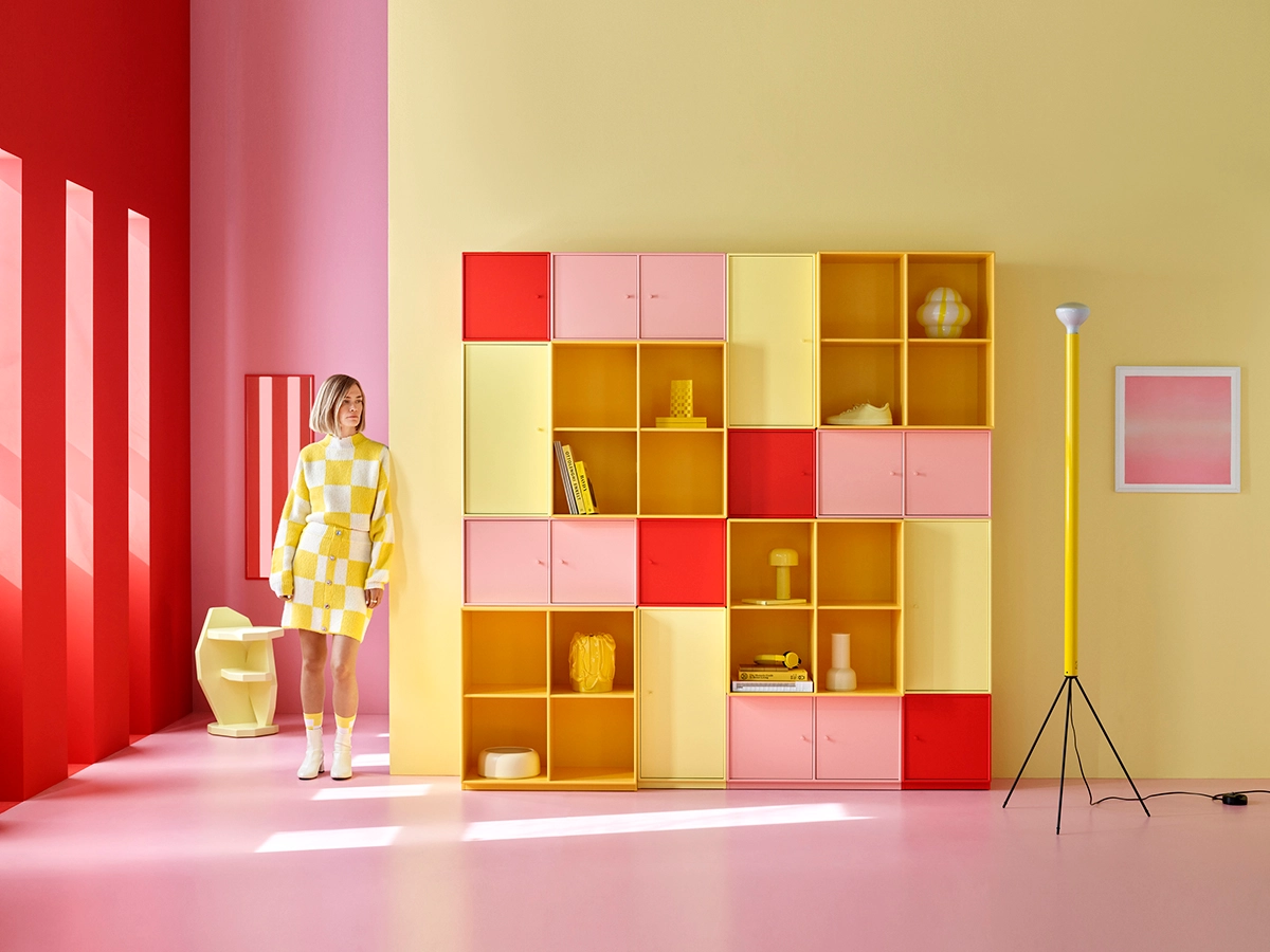 Montana x Tekla Evelina Severin color collaboration displaying vibrant chromatic combinations across modular furniture systems