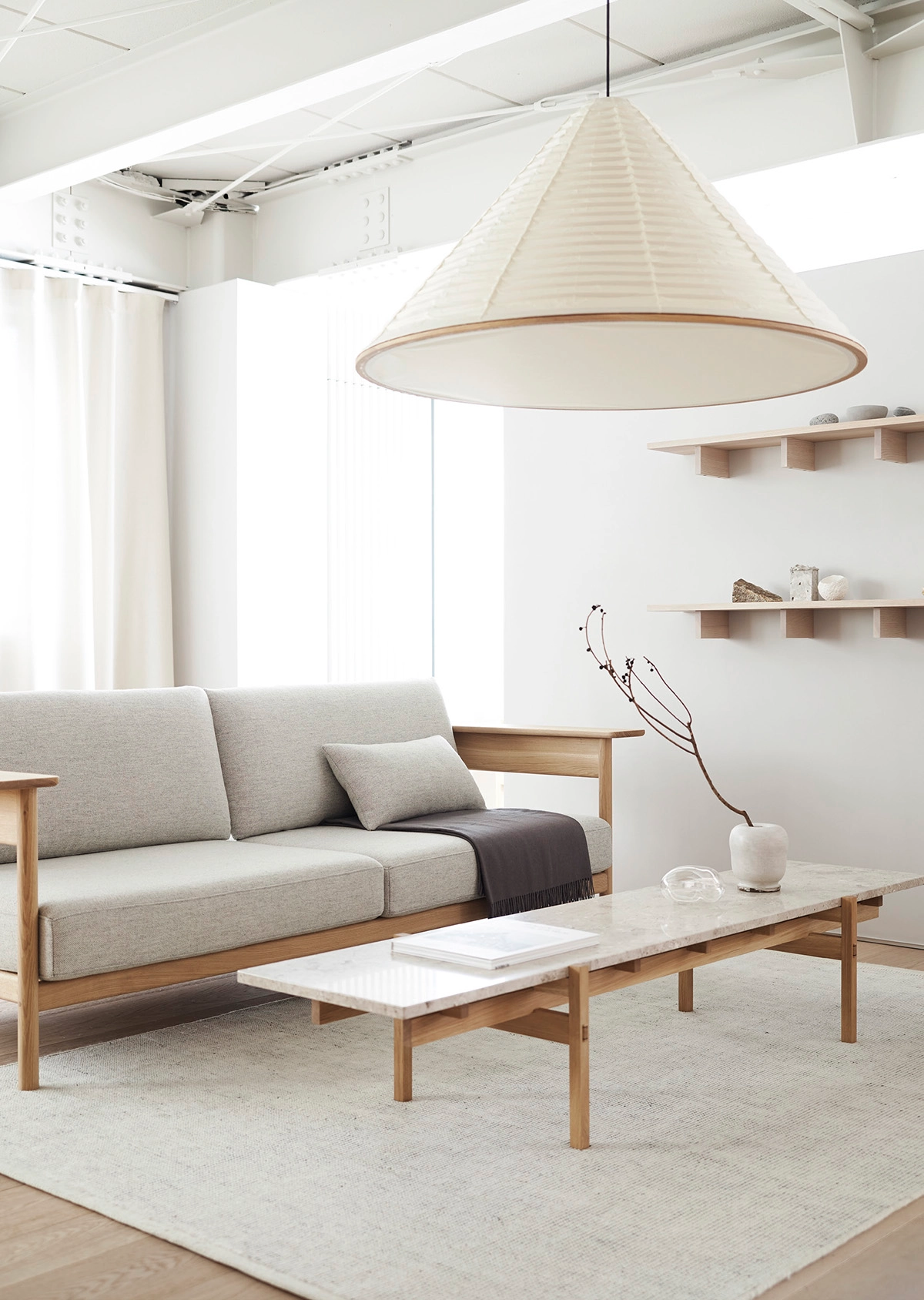 Versatile N-PL01 pendant lamp by Norm Architects for Karimoku showcasing minimalist design with Japanese-Danish sensibility.