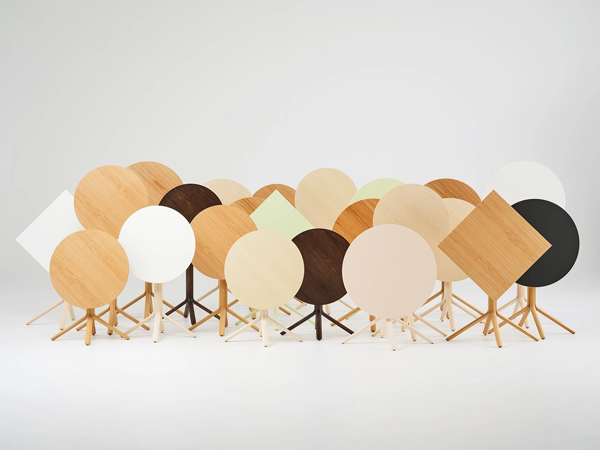 The innovative Peel folding pillar table by design studio Krook & Tjäder for Karl Andersson & Söner offers versatile functionality for both permanent installations and temporary events.