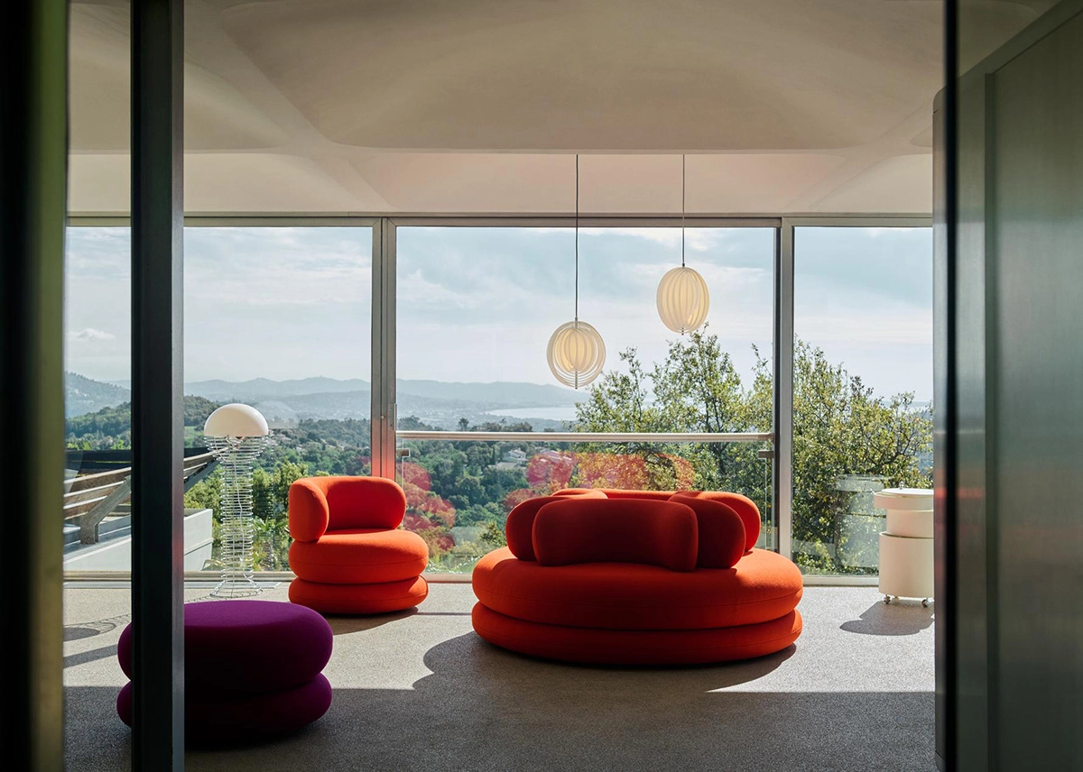 EASY series by Verner Panton for Verpan featuring chair, sofa and pouf with the designer's distinctive eye-catching silhouettes
