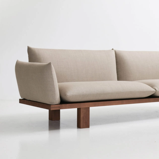 LESS sofa by LK Hjelle featuring new smoked oak frame option that enhances the minimalist design with rich material contrast