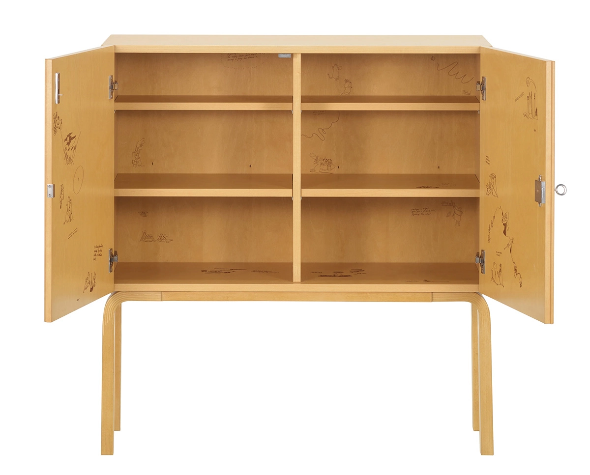 Artek's Cabinet 250 Celebration limited edition with honey-stained birch veneer and Tove Jansson's Moomin characters inside