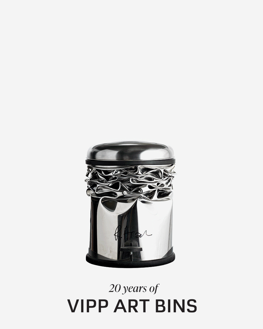 Vipp designer waste bin in exhibition setting highlighting the transformation from functional object to artistic statement