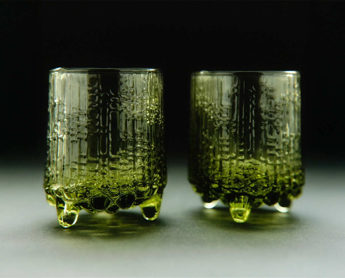 Ultima Thule shot glasses in green hue made from Finnish sand, special edition for Tapio Wirkkala's 110th anniversary