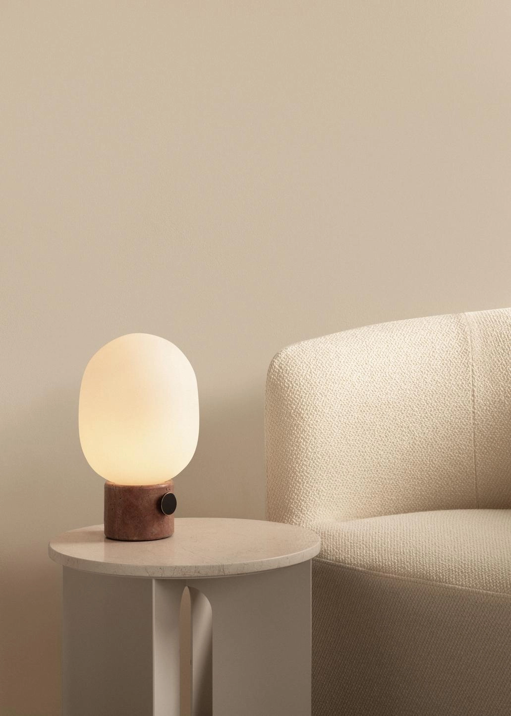 JWDA Table Lamp Large with red Verona travertine base and opal glass shade by Jonas Wagell for Audo Copenhagen