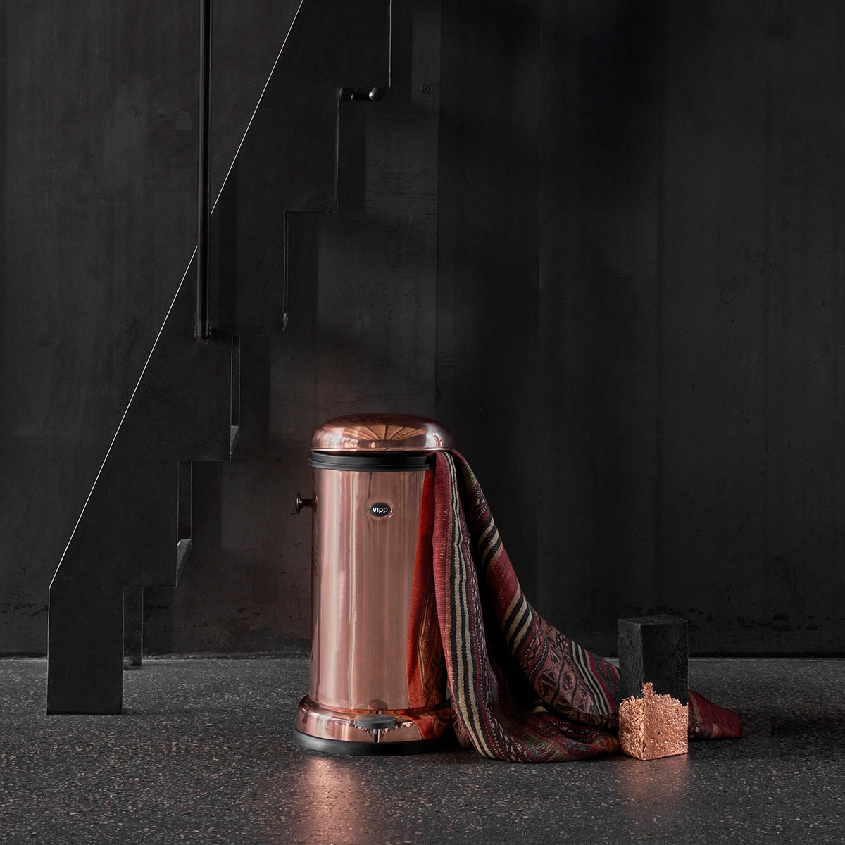 Vipp copper edition pedal bin designed by Studio KO featuring warm metallic finish and iconic silhouette