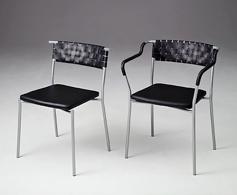 Mattias Ljunggren Chair & Armchair collection in steel and leather for Källemo 2001 showing complete furniture series