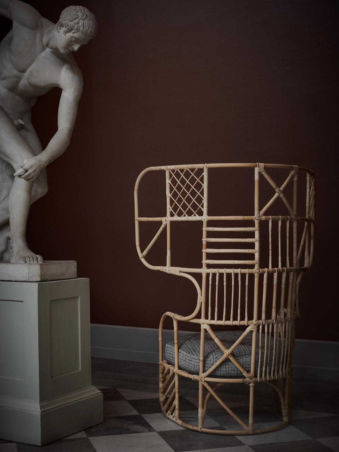 Matti Klenell NM& 040 rattan chair showing transparent patchwork backrest design by Larsson Korgmakare Stockholm