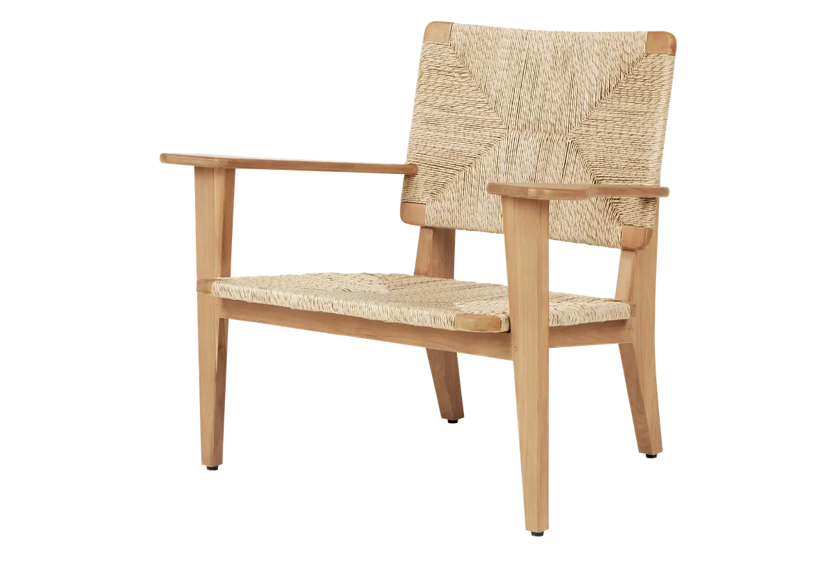 Marcel Gascoin's F-Chair Outdoor Lounge Chair featuring teak frame and weather-resistant woven cord seating