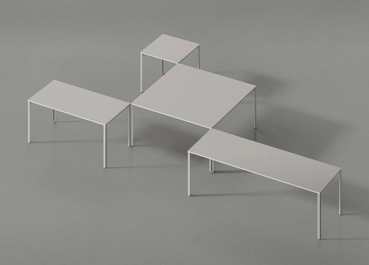 Multiple configurations of Grid Table collection showcasing the system's versatility for various spatial requirements