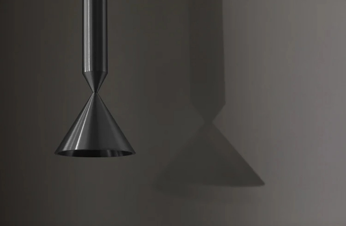 Apollo pendant lamp by PHOLC showing the distinctive end-on-end conical shapes in brushed aluminum finish.