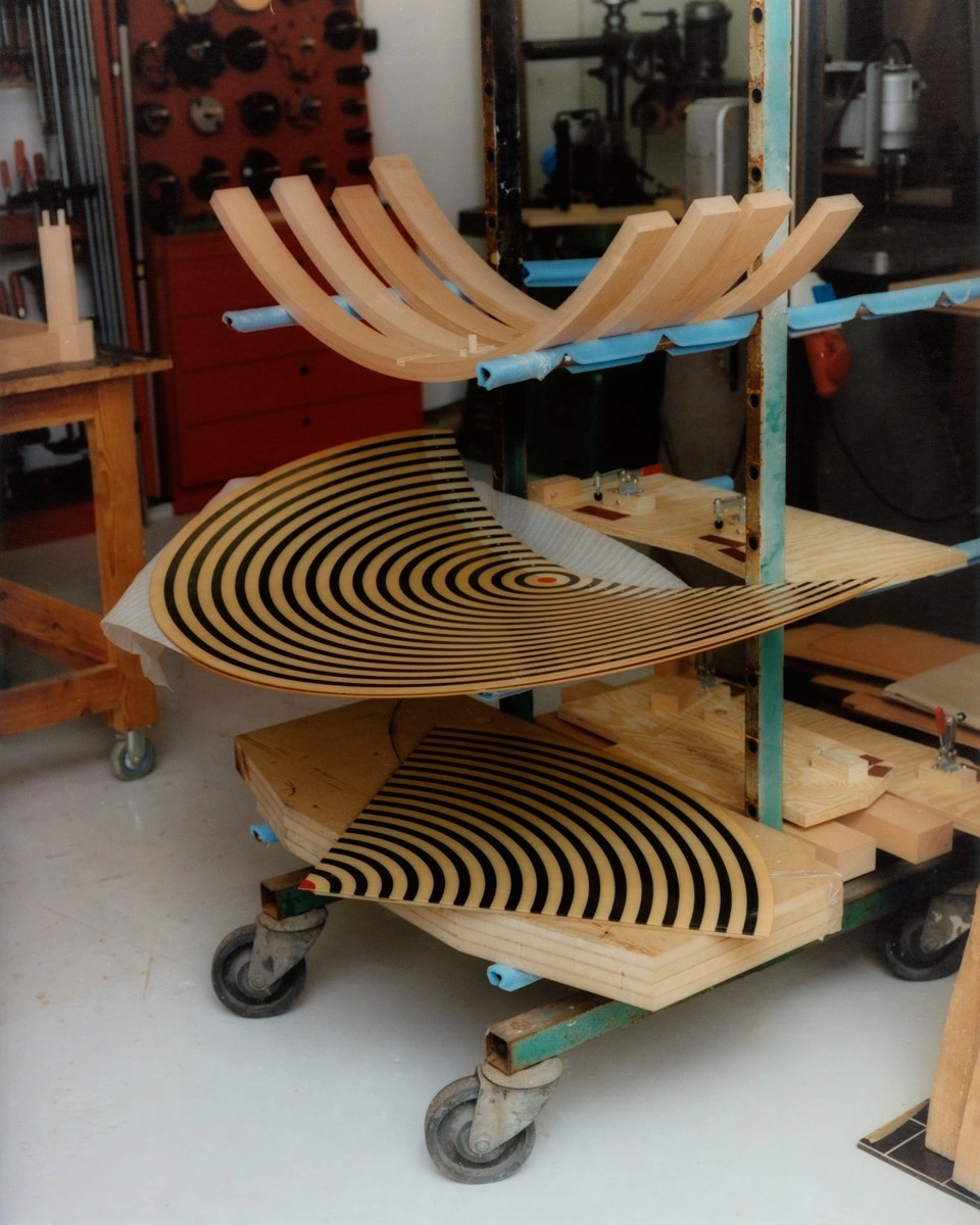 Danish workshop craftsmen assembling Nanna Ditzel bench using traditional woodworking techniques