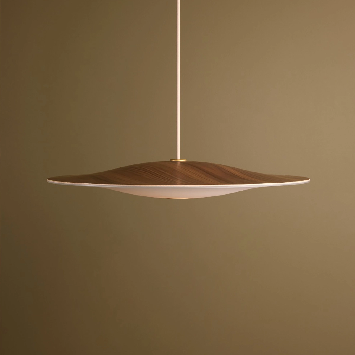 Close-up of Sinus Wood pendant highlighting natural walnut grain and mathematical sine curve design details