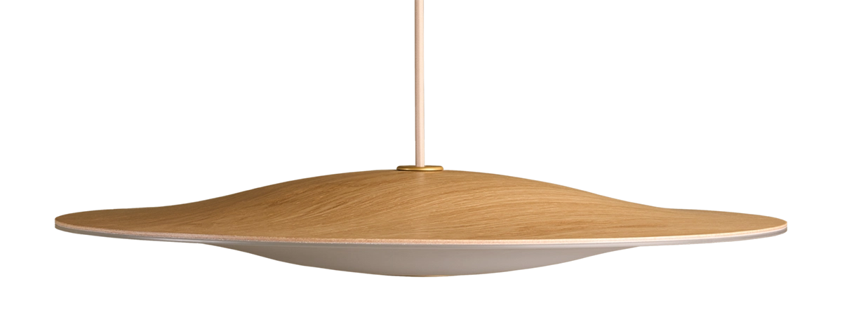 Side profile view of Piet Hein Sinus Wood pendant displaying elegant curved silhouette and LED lighting