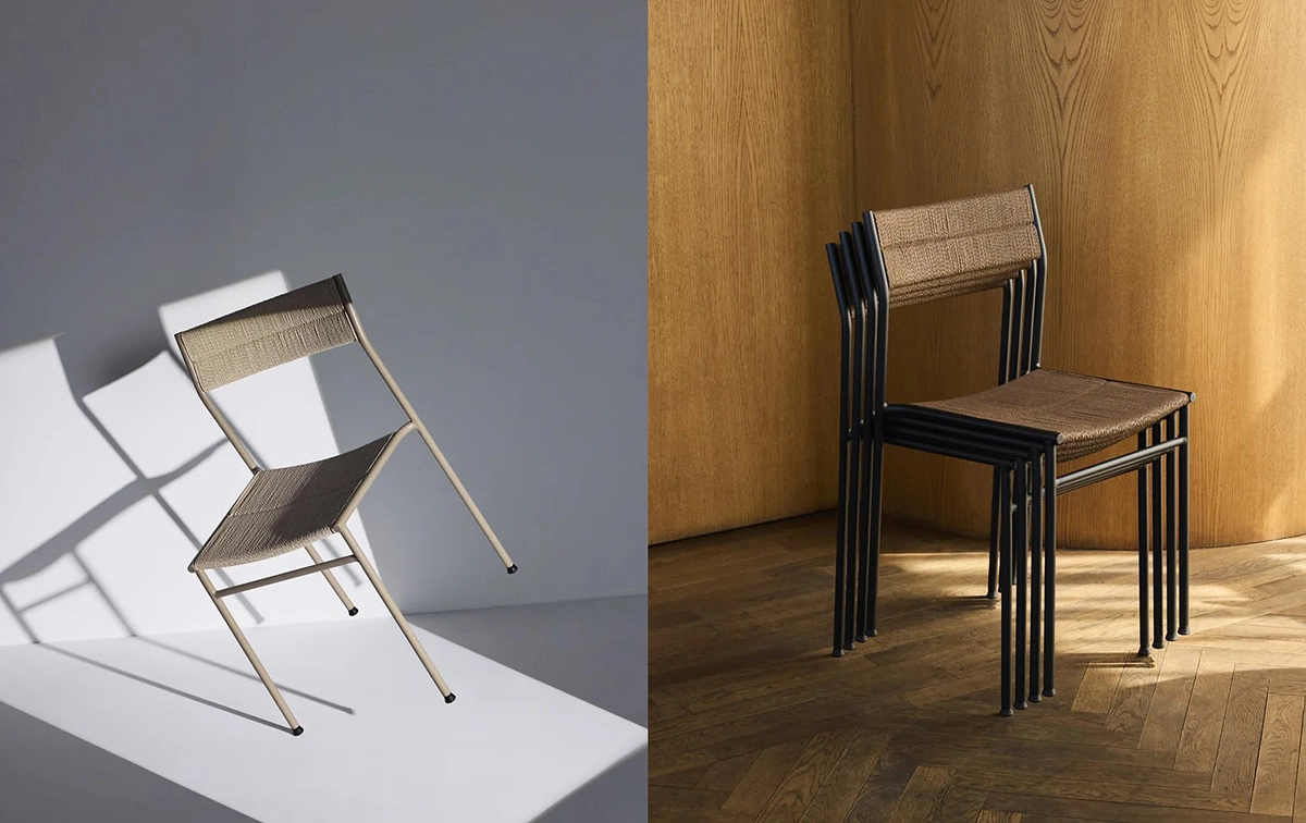 Vev chair by David Ericsson showing hand-woven paper rope seat on minimalist steel frame for Northern furniture
