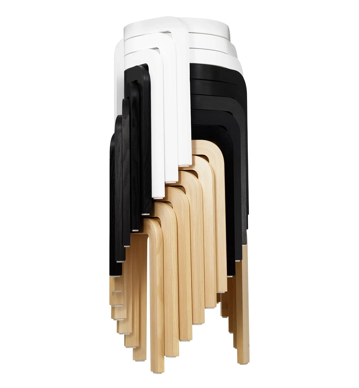 Multiple Spin stools by Staffan Holm stacked in spiral formation showing decorative storage feature