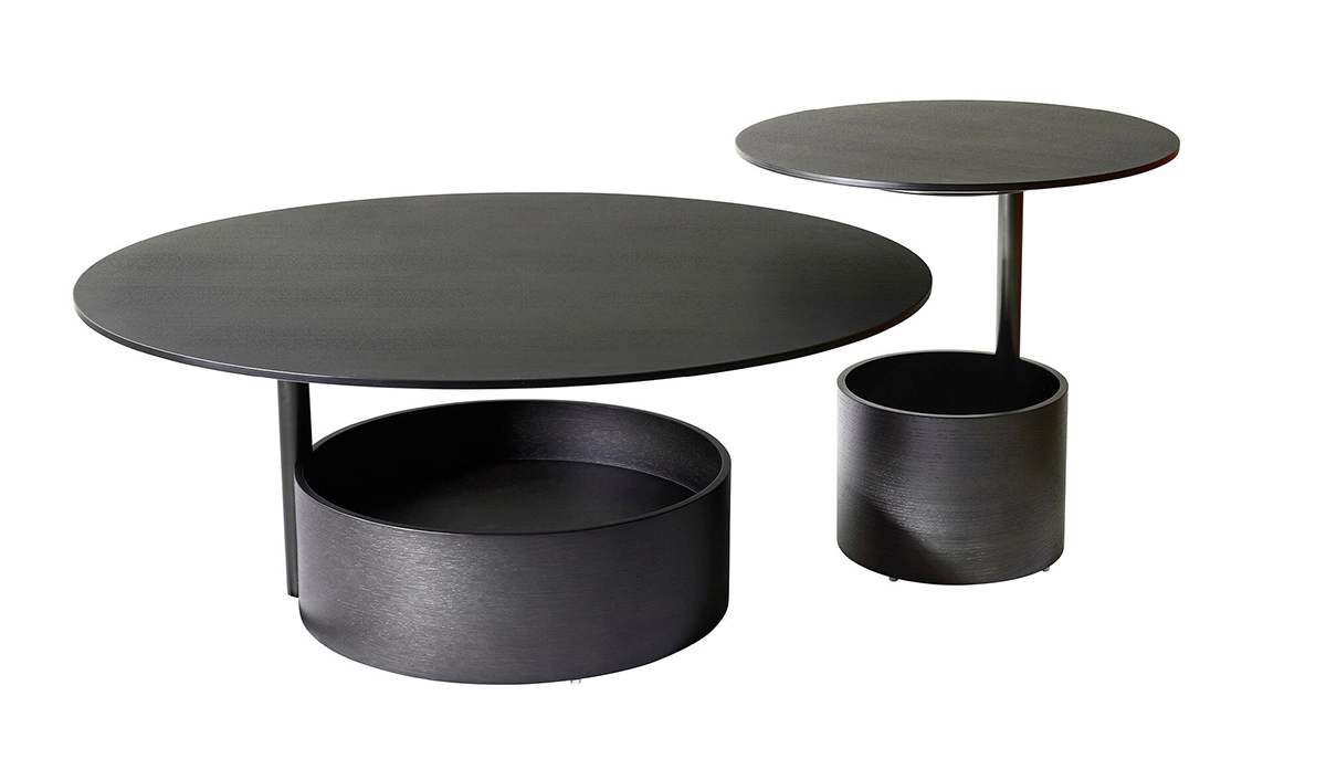 Parasol coffee table collection showing both S and L sizes with natural and dark stained oak veneer options