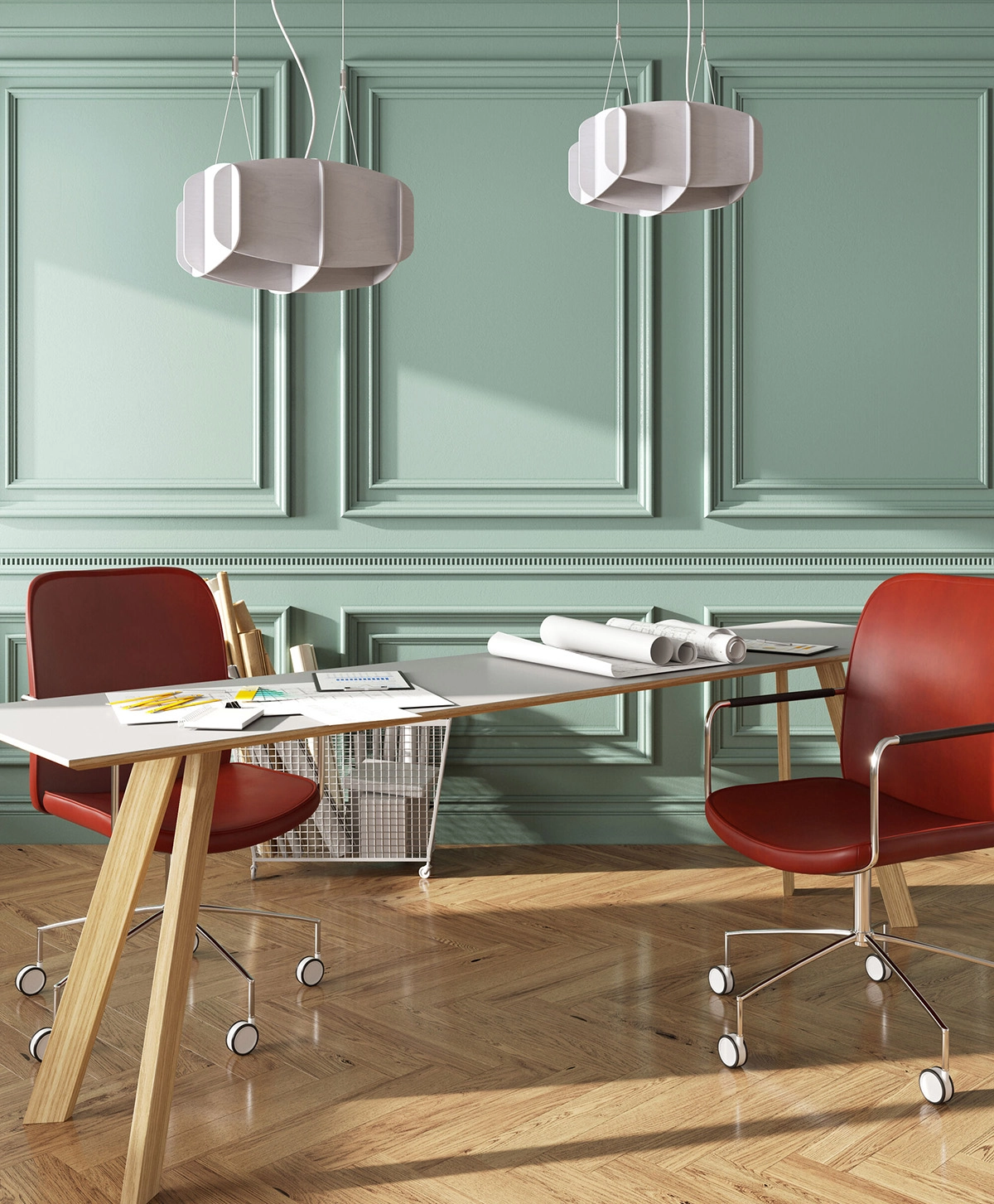 Ristikko 95 pendant installation over conference table showcasing Finnish architectural lighting